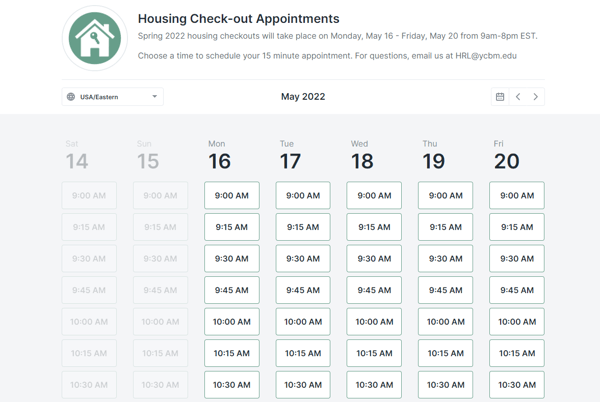 Booking page for housing check-out appointments created in YouCanBook.me’s school scheduling software.-1