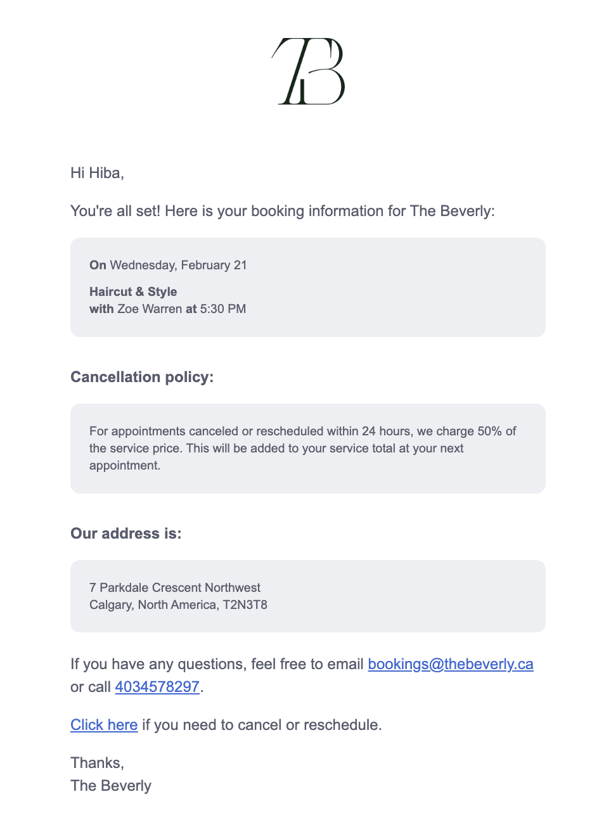 cancellation policy included in booking confirmation email