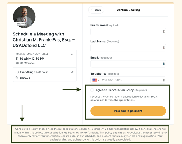 example of including cancellation policy in booking page