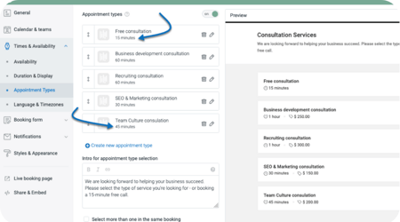 YouCanBook.me’s online scheduling tool dashboard lets you set various time lengths and appointment types