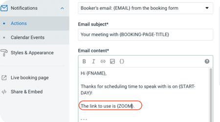 Zoom tag in YouCanBook.me email notification